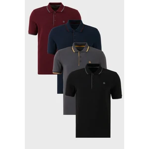 Pamuklu Slim Fit Şerit Detaylı Düğmeli Polo Yaka 4'lü Paket T Shirt Erkek T Shirt 5902118S4