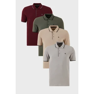 Pamuklu Slim Fit Şerit Detaylı Düğmeli Polo Yaka 4'lü Paket T Shirt Erkek T Shirt 5902118S4