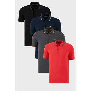 Pamuklu Slim Fit Şerit Detaylı Düğmeli Polo Yaka 4'lü Paket T Shirt Erkek T Shirt 5902118S4