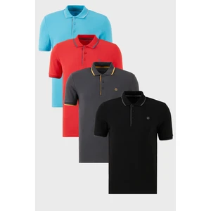 Pamuklu Slim Fit Şerit Detaylı Düğmeli Polo Yaka 4'lü Paket T Shirt Erkek T Shirt 5902118S4