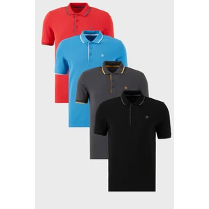 Pamuklu Slim Fit Şerit Detaylı Düğmeli Polo Yaka 4'lü Paket T Shirt Erkek T Shirt 5902118S4