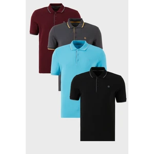 Pamuklu Slim Fit Şerit Detaylı Düğmeli Polo Yaka 4'lü Paket T Shirt Erkek T Shirt 5902118S4