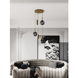 Vienna Modern Eskitme Metal Gövdeli 5'li Sarkıt Avize - 3 Füme Cam Küre 2 LED Spot, E27 DUY-G10 Duy