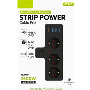 Akıllı Priz Termal Korumalı 3 Prizli Çoklu Akım Prizi | 3 Usb-A + 1 Usb-C 2500W 10A Pd 20W