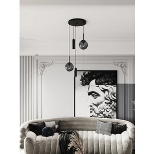 Vienna Modern Siyah Metal Gövdeli 5'li Sarkıt Avize - 3 Füme Cam Küre 2 LED Spot, E27 DUY-G10 Duy