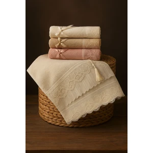 Eliza %100 Pamuklu Kadife Dantelli Güpürlü Fiyonklu Çeyizlik El ve Yüz Havlusu