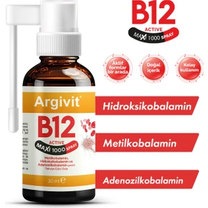 B12 Active Maxi 1000 Sprey 30 ml (Metilkobalamin, Hidroksikobalamin ve Adenozilkobalamin)