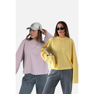 Geniş Kol Oversize 2'li Paket T-Shirt 965 Lila/sarı