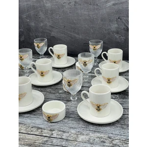 6 Kişilik Porselen Arı Fincan Takımı Seti ve 6 Adet Porselen Arı Lokumluk ve 6 Adet Cam Bardak