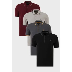 Pamuklu Slim Fit Şerit Detaylı Düğmeli Polo Yaka 4'lü Paket T Shirt Erkek T Shirt 5902118S4