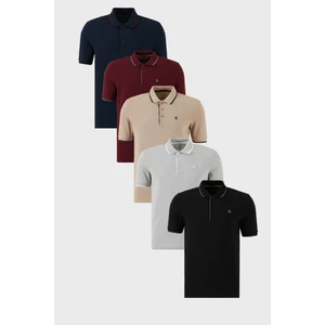 Pamuklu Slim Fit Şerit Detaylı Düğmeli Polo Yaka 5'li Paket T Shirt Erkek T Shirt 5902118S5