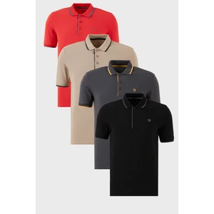 Pamuklu Slim Fit Şerit Detaylı Düğmeli Polo Yaka 4'lü Paket T Shirt Erkek T Shirt 5902118S4