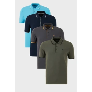 Pamuklu Slim Fit Şerit Detaylı Düğmeli Polo Yaka 4'lü Paket T Shirt Erkek T Shirt 5902118S4