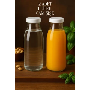 2 Adet Beyaz Plastik Kapaklı 1 Litre Şeffaf Sürahi Süt, Ayran, Su, Limonata Meşrubat Şişesi Cam Şişe