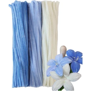 150 Adet Mavi, Beyaz, Açık Mavi Renkli Şönil , Çiçek Yapım Seti, Tüylü Tel, 30 Cm, Peluş Tel