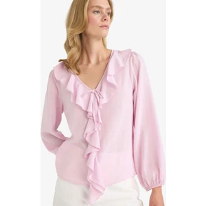 Regular Fit V Yaka Volanlı Pamuklu Uzun Kollu Bluz F9336AX25AU