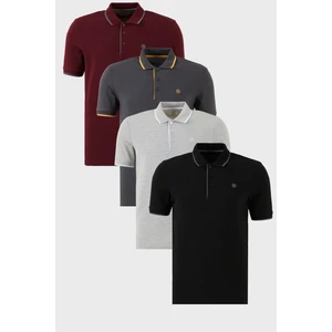 Pamuklu Slim Fit Şerit Detaylı Düğmeli Polo Yaka 4'lü Paket T Shirt Erkek T Shirt 5902118S4