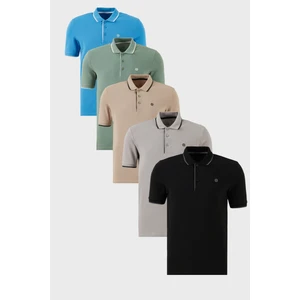 Pamuklu Slim Fit Şerit Detaylı Düğmeli Polo Yaka 5'li Paket T Shirt Erkek T Shirt 5902118S5