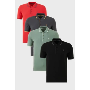 Pamuklu Slim Fit Şerit Detaylı Düğmeli Polo Yaka 4'lü Paket T Shirt Erkek T Shirt 5902118S4
