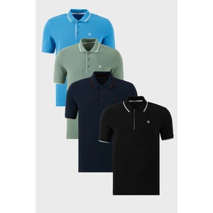 Pamuklu Slim Fit Şerit Detaylı Düğmeli Polo Yaka 4'lü Paket T Shirt Erkek T Shirt 5902118S4