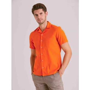 Turuncu Erkek Slim Fit Küba Yaka Kısa Kol Gömlek