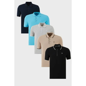 Pamuklu Slim Fit Şerit Detaylı Düğmeli Polo Yaka 5'li Paket T Shirt Erkek T Shirt 5902118S5