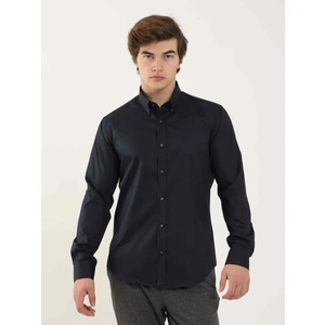 Lacivert Erkek Slim Fit Düz Düğmeli Yaka Uzun Kol Gömlek