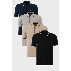 Pamuklu Slim Fit Şerit Detaylı Düğmeli Polo Yaka 4'lü Paket T Shirt Erkek T Shirt 5902118S4