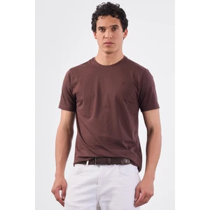 Kahve Bisiklet Yaka Pamuklu Düz Renk Slim Fit Erkek T-shirt