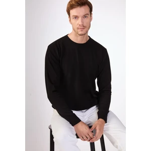 Siyah Bisiklet Yaka %100 Pamuk Düz Renk Slim Fit Erkek Triko