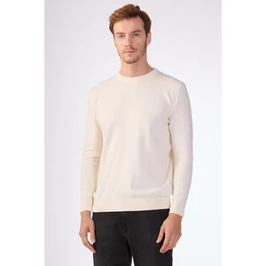 Ekru Bisiklet Yaka %100 Pamuk Düz Renk Slim Fit Erkek Triko