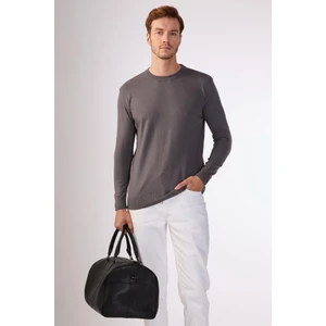 Antrasit Bisiklet Yaka %100 Pamuk Düz Renk Slim Fit Erkek Triko