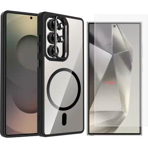 Galaxy S24 Ultra Kılıf Standlı ve Kamera Lens Hediyeli M-Safe Şarj Özellikli Zore Etro Kapak + Nano Ekran Koruyucu