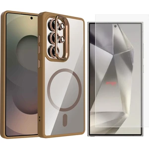 Galaxy S24 Ultra Kılıf Standlı ve Kamera Lens Hediyeli M-Safe Şarj Özellikli Zore Etro Kapak + Nano Ekran Koruyucu