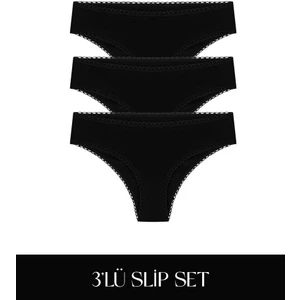 Cotvie Siyah Pamuklu Slip 3'lü Set külot