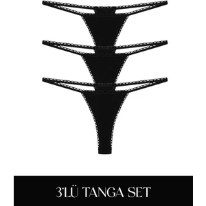 Cotvie Siyah Pamuklu Tanga 3'lü Set külot