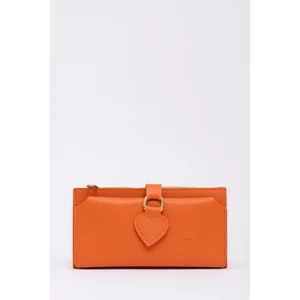 Turuncu SHK65 Yumuşak Suni Deri Kalpli Çıtçıtlı Telefon Bozuk ve Kağıt Para Bölmeli Kartlıklı Cüzdan