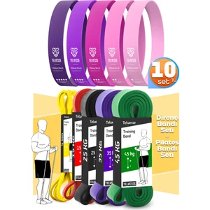 10LU Tera Set 5+15+25+35+45 kg + 5li Pilates Direnç Bandı Barfiks Lastiği Loop Band Pembe Ton