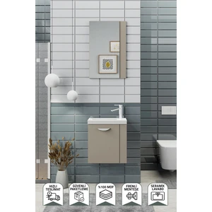 Minila 45 cm Banyo Dolabı,Seramik Lavabolu, Aynalı,Lavabo Dahil,Mdf,Latte