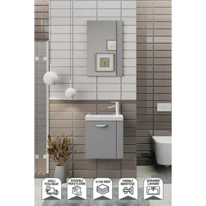 Minila 45 cm Banyo Dolabı,Seramik Lavabolu, Aynalı,Lavabo Dahil,Mdf,Mat Gri