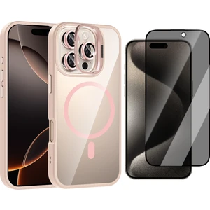 Apple iPhone 16 Pro Kılıf Standlı ve Kamera Lens Hediyeli M-Safe Şarj Özellikli Zore Etro Kapak + Hayalet Ekran Koruyucu