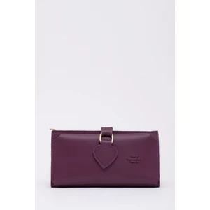 Mor SHK65 Yumuşak Suni Deri Kalpli Çıtçıtlı Telefon Bozuk ve Kağıt Para Bölmeli Kartlıklı Cüzdan