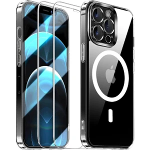 Tekno Grup Apple Iphone 12 Pro Max Şeffaf Mika Magsafe Kılıf + Premium Esd Ekran Koruyucu + Kamera Koruyucu Siyah