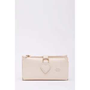 Krem SHK65 Yumuşak Suni Deri Kalpli Çıtçıtlı Telefon Bozuk ve Kağıt Para Bölmeli Kartlıklı Cüzdan