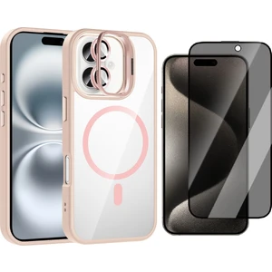 Apple iPhone 16 Kılıf Standlı ve Kamera Lens Hediyeli M-Safe Şarj Özellikli Zore Etro Kapak + Hayalet Ekran Koruyucu