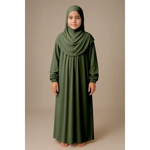 Kız Çocuk Tesettür Elbisesi Tek Parça Namaz Kıyafeti Tak Çıkar Başörtülü Pamuklu Lastikli Kolu