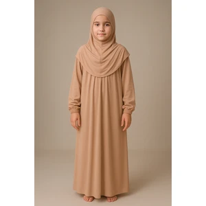 Kız Çocuk Tesettür Elbisesi Tek Parça Namaz Kıyafeti Tak Çıkar Başörtülü Pamuklu Lastikli Kolu