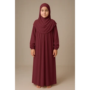 Kız Çocuk Tesettür Elbisesi Tek Parça Namaz Kıyafeti Tak Çıkar Başörtülü Pamuklu Lastikli Kolu