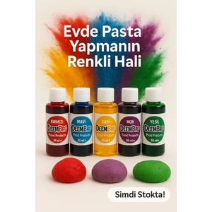 Sıvı Gıda Boyası Seti 5'li 5 Renk 50  ml Kırmızı Mavi Mor Sarı Yeşil