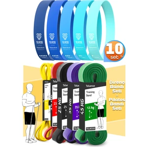 10LU Tera Set 5+15+25+35+45 kg + 5li Pilates Direnç Bandı Barfiks Lastiği Loop Band Mavi Ton
